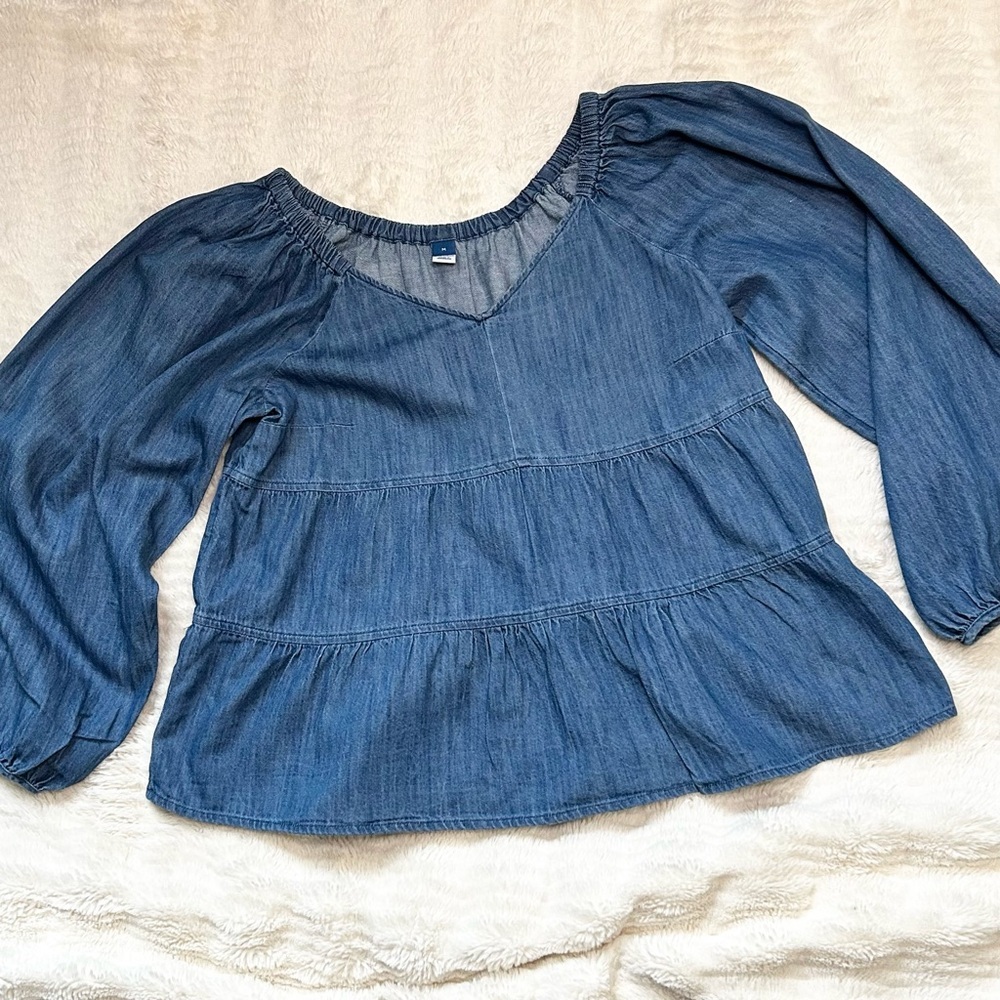 Old Navy Chambray Tiered Peplum Peasant Top Boho Balloon Sleeve – Size M - Picture 2 of 11